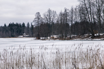 A peaceful winter landscape with a frozen lake in overcast day