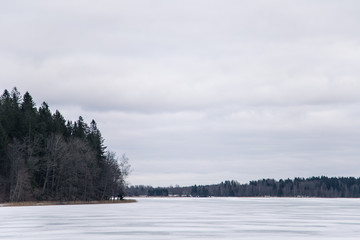 A peaceful winter landscape with a frozen lake in overcast day