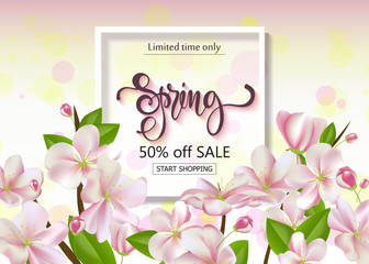 Spring sale background with flowers. Season discount banner design with cherry blossoms and petals.