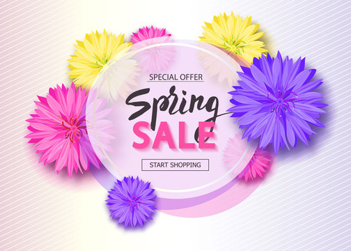 Spring sale background with flowers. Season discount banner. Vector illustration ,template. Wallpaper, flyers, invitation, posters, brochure
