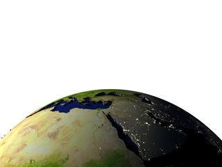 Middle East on model of Earth with embossed land