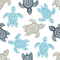 Fototapeta premium Turtles - seamless pattern. Blue, gray and white colors. Grunge texture.