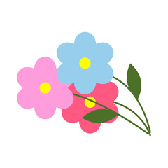 Three Flowers with Green Leaves in Cartoon Style