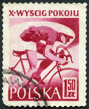 POLAND - 1957: shows Cyclist, 10th International Peace Bicycle Race, Warsaw-Berlin-Prague, Wyscig Pokoju