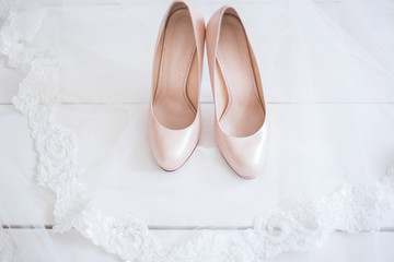 Beige wedding heels on bridal veil