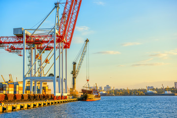 Loading operations in the port. Port cranes carry out work on loading on the ship.
