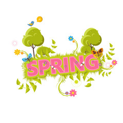 Spring Vector Design. Spring Letterin with flowers and green bush.