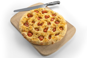 Apulian flat bread with tomatoes and knife