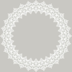 Oriental round white frame with arabesques and floral elements. Floral fine border. Greeting card with place for text