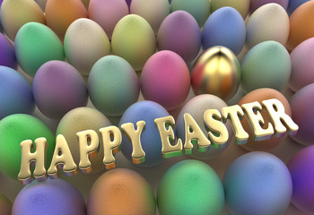 Easter. Multicolored eggs and greeting text 3d rendering