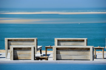 Beautiful tropical beach with chairs and swimingroom