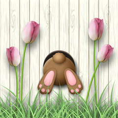 Easter motive, bunny bottom, pink tulips and fresh grass on white wooden background, illustration