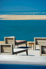 Beautiful tropical beach with chairs and swimingroom