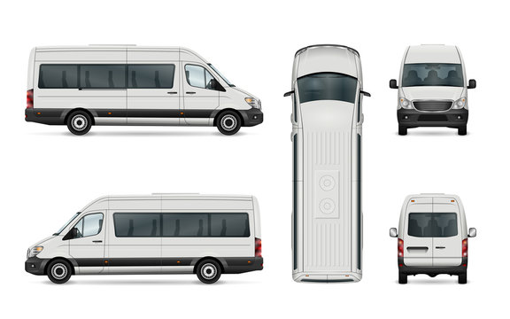 White van vector template. Isolated passenger mini bus. All layers and groups well organized for easy editing. View from side, back, front and top.
