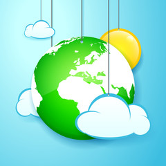 vector illustration banner of hanging  earth, sun and clouds