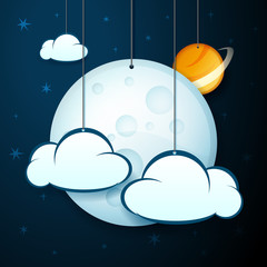 vector illustration banner of hanging moon, planet and clouds