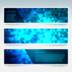 Horizontal banners set with polygonal blue triangles. Polygon background, vector illustration