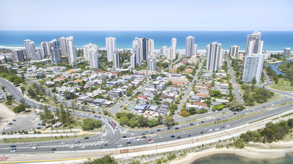Aerial view of traffic leading up to Sundale bridge and Southport surrounds with Main beach.