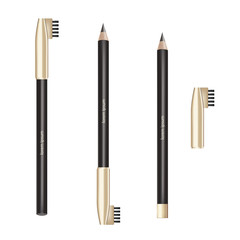 Vector cosmetic black pencil. Eye Pencil With Golden Lid Premium Cosmetic Ads mock up template. 3D Realistic Vector Illustration.