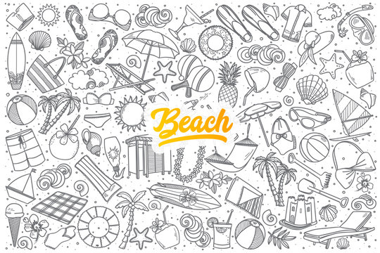 Hand drawn beach doodle set background with yellow lettering in vector
