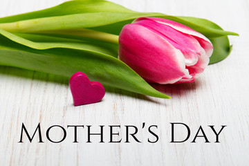 Mother's day card with tulip flower and small heart on white wooden background