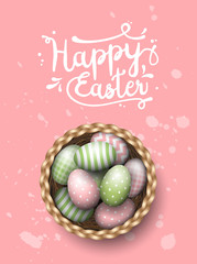 Basket with painted easter eggs on pink spotted background, illustration