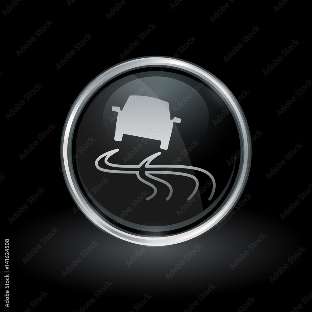 Wall mural road slippery when wet warning symbol with vehicle traction control icon inside round chrome silver 