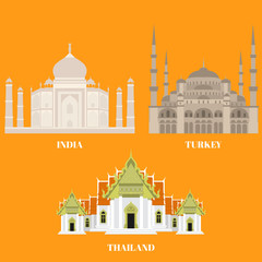 Thailand, Turkey and India travel icons. Country sightseeing symbols, Eastern and Asian landmarks. Flat architecture