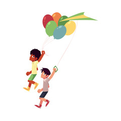 Two boys, black African and Caucasian, running together with balloons and kite, cartoon vector illustration isolated on white background. Black African and Caucasian boys, friends running together