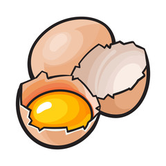 Whole and cracked, broken chicken egg with yolk inside, sketch style vector illustration isolated on white background. Hand drawn, sketched raw, uncooked chicken eggs, whole and broken