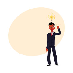 Black African businessman having idea, light bulb as symbol of business insight, cartoon vector illustration with place for text. Black businessman, manager has idea, insight, inspiration
