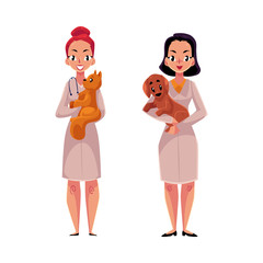 Two women, female veterinarians, vets in medical coats holding pets - cat and dog, cartoon vector illustration isolated on white background. Female vets, veterinarian doctors holding pets
