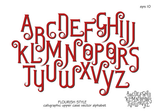 Vector alphabet set. Capital letters with decorative flourishes in the Art Nouveau style. Red letters on a white background.