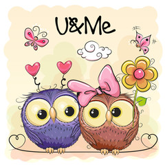 Naklejka premium Two Cute Owls on Orange background