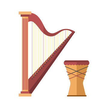Harp icon golden stringed musical instrument classical orchestra art sound tool and drum acoustic symphony stringed fiddle wooden vector illustration.