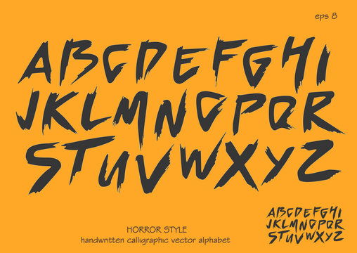 Alphabet vector set of black capital handwritten letters on yellow background. Handwritten italic font with brush strokes in horror style.