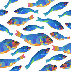 Seamless vector pattern of blue perches of different sizes on a white background. River fish texture. Polygon style.
