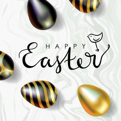 Easter sale vector illustration. Realistic festive eggs and sketch drawing spring birds. Flayer, voucher or coupon template. Gold and Marble texture. - 141627141