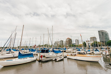 Marina with sailboats in the port of Olivos, Argentina, with residential buildings in background