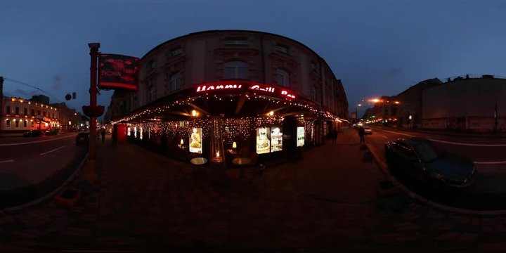 360 vr Video Cafe Shop in Kiev Downtown Interior is Visible Through the Window Fire is Burning Inside Brightly Illuminated Room Night Cityscape of Kyiv