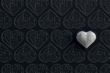 Unique white heart on black background among the many empty wireframe hearts. Abstract polygonal heart with shadow. Love symbol. Low-poly colorful style. 3d rendering