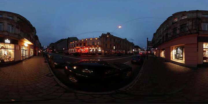 360 vr Video Showcases of Fashionable Stores Contract Square Boulevard Kiev Downtown Illumination Lovely Night View People Silhouettes by Vintage Buildings