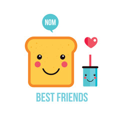 Cute toast bread Funny Cartoon character and drink Perfect breakfast