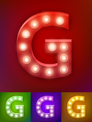 Vector illustration of realistic old lamp alphabet for light board. Vintage vegas show typography. Letter G