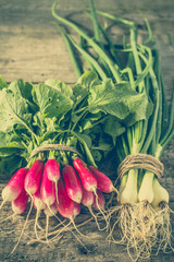 Bunch of radish and onion, green vegetables, local market produce on farm table