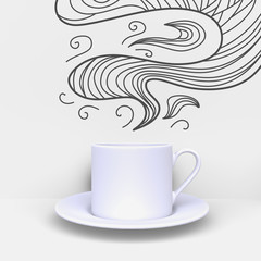 White cup and saucer in corner studio room with painted hand drawn doodle cartoon smoke or vapour on wall. Front view. 3d render.