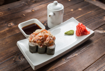 Maki rolls with smoked salmon with wasabi on back front