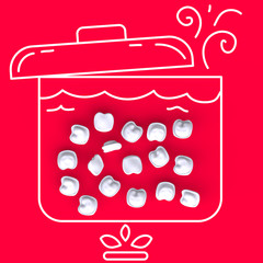 White dumplings on table with hand drawn painted pots on fire. Creative illustration, front or above view. 3D render.