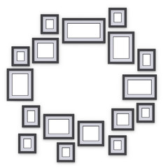 Simple photo frames on wall. Placed in form of silhouette circle. Idea for interior design and decor. 3d render.