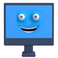 Stylized funny cartoon monitor screen with face. Children clay, plastic or soft toy. 3d illustration.